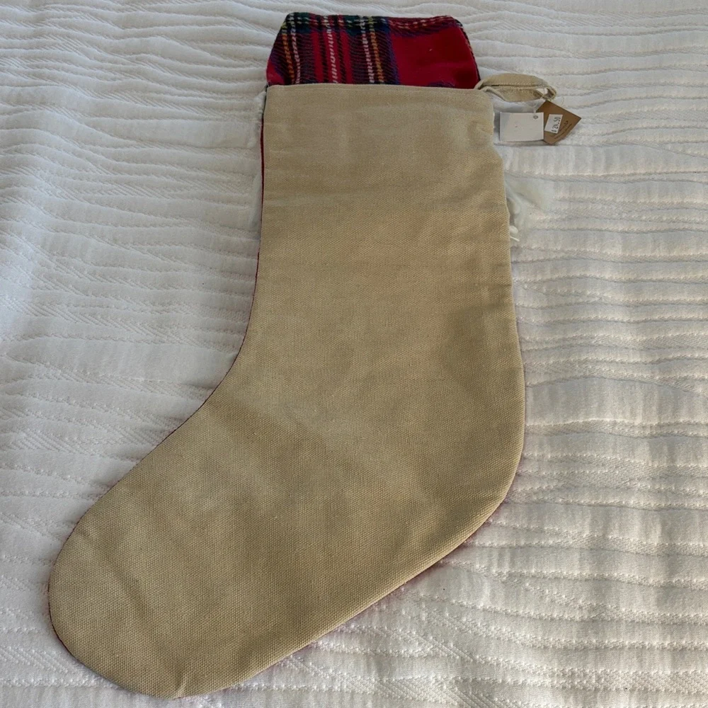 Mud Pie Red Gnome Santa Stocking with Plaid Hat and Fuzzy Beard NWT